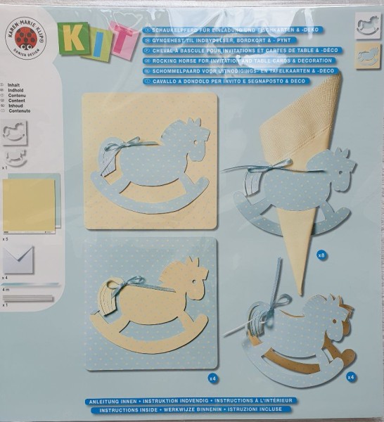 Rayher Scrapbook-Kit SCHAUKELPFERD hellblau-gelb für Einladung / Tischkarten u. Deko 78-770-356